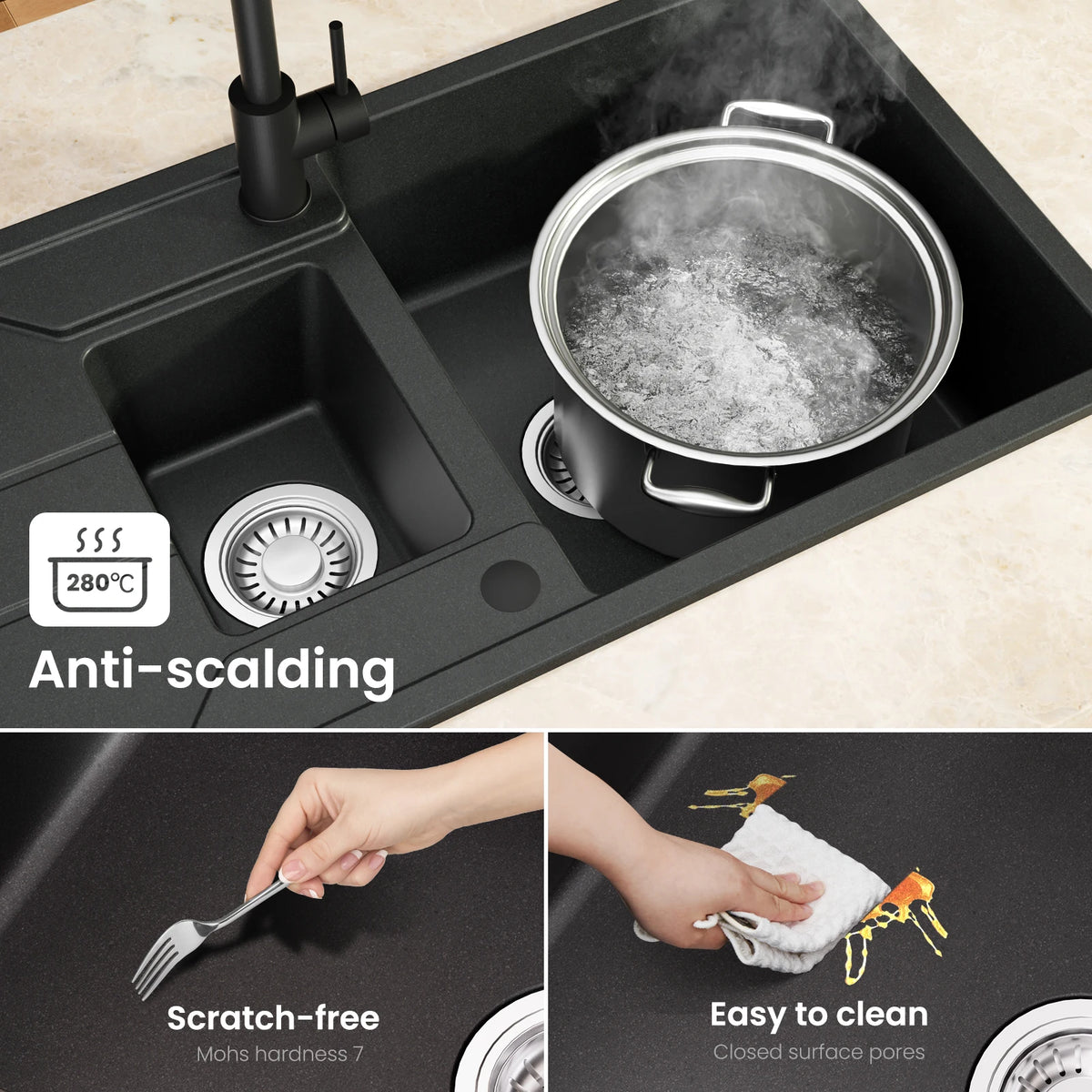 Granit Spülbecken Schwarz 86x45cm mit Abtropffläche – Quartz Doppelbecken Küchenspüle Einbau