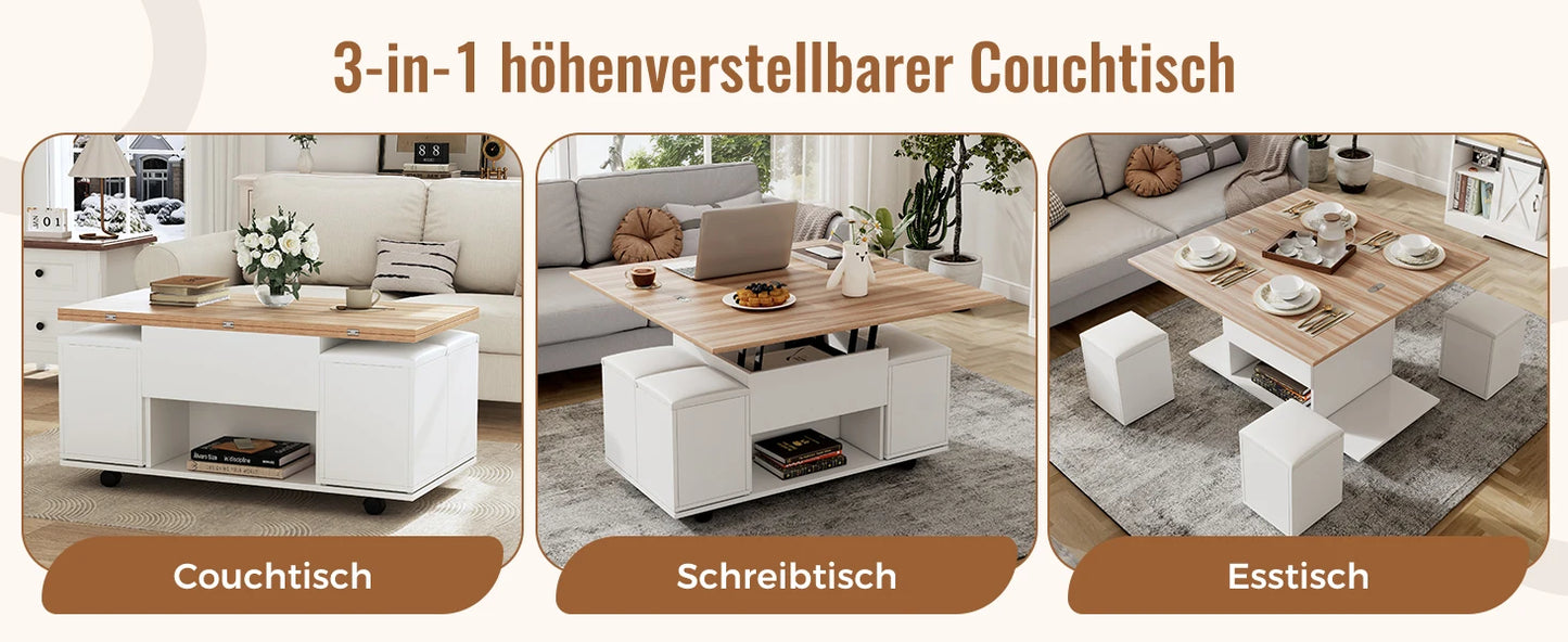 Couchtisch Höhenverstellbar & Ausziehbar – Multifunktionaler Esstisch mit 4 Hockern & Stauraum