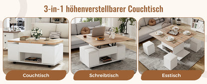 Couchtisch Höhenverstellbar & Ausziehbar – Multifunktionaler Esstisch mit 4 Hockern & Stauraum