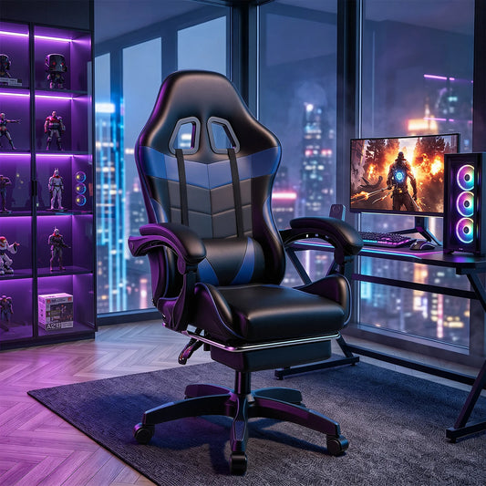 Gaming Stuhl Schwarz-Rot – Ergonomischer Gamer Stuhl mit Fussstütze, Lendenkissen & Kunstlederbezug bis 124cm
