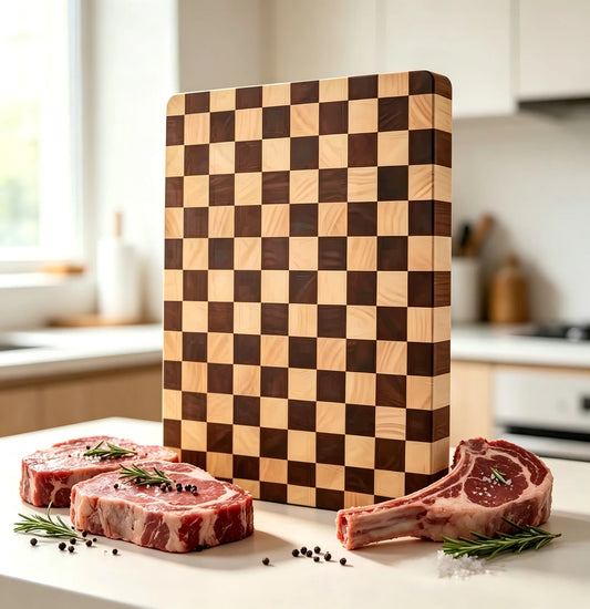 Schneidebrett Schachbrett Muster – Massives Hackblock Holzbrett fuer Fleisch Gemuese & Kaese