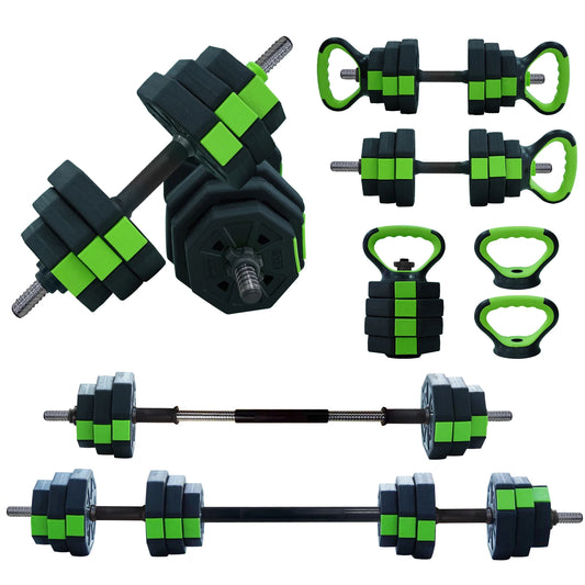 4-in-1 Hantelset Verstellbar – Kurzhantel Kettlebell & Langhantel Set für Homegym