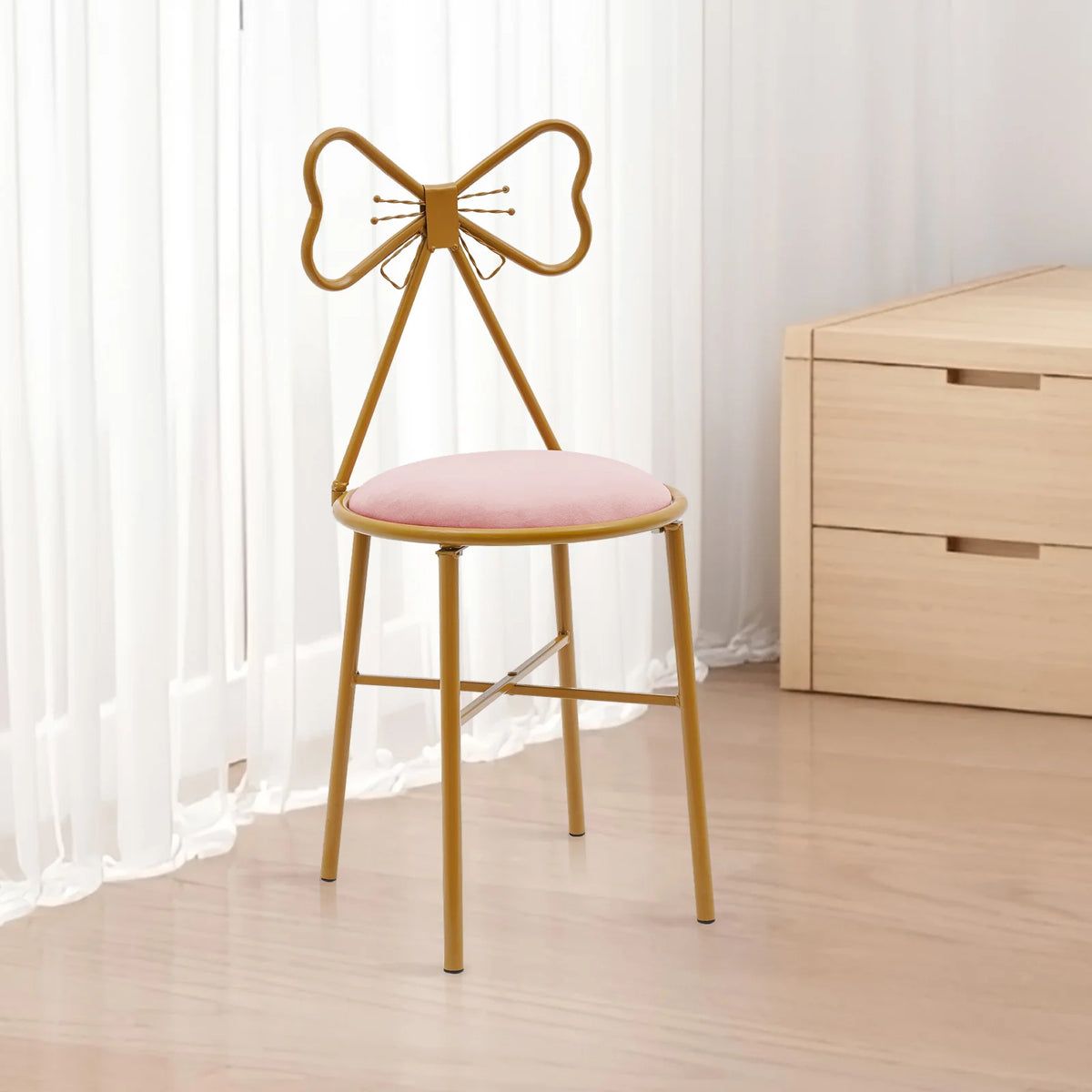 Schminktisch Stuhl Rosa mit Schmetterling Rückenlehne – Moderner Samt Kosmetikstuhl Gold