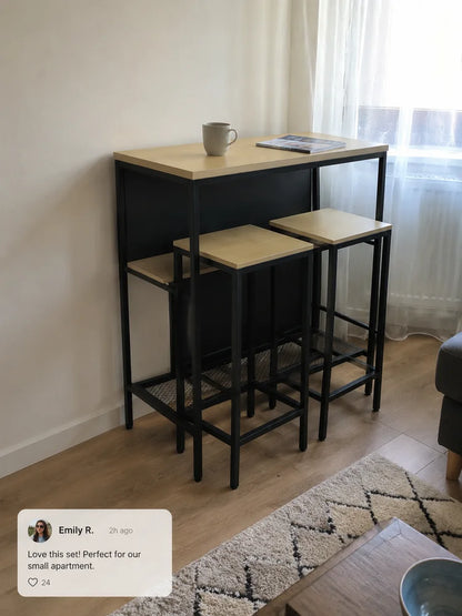 Bartisch Set 3-teilig mit 2 Barhockern Schwarz – Stehtisch mit Ablagefächern & Gitterrost