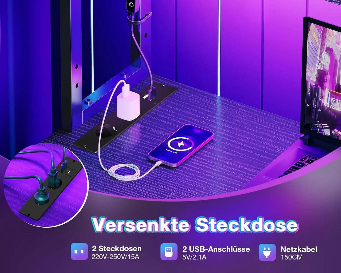 L-förmiger Gaming Schreibtisch LED Schwarz 135 cm – Eckschreibtisch mit Monitoraufsatz & Steckdosen