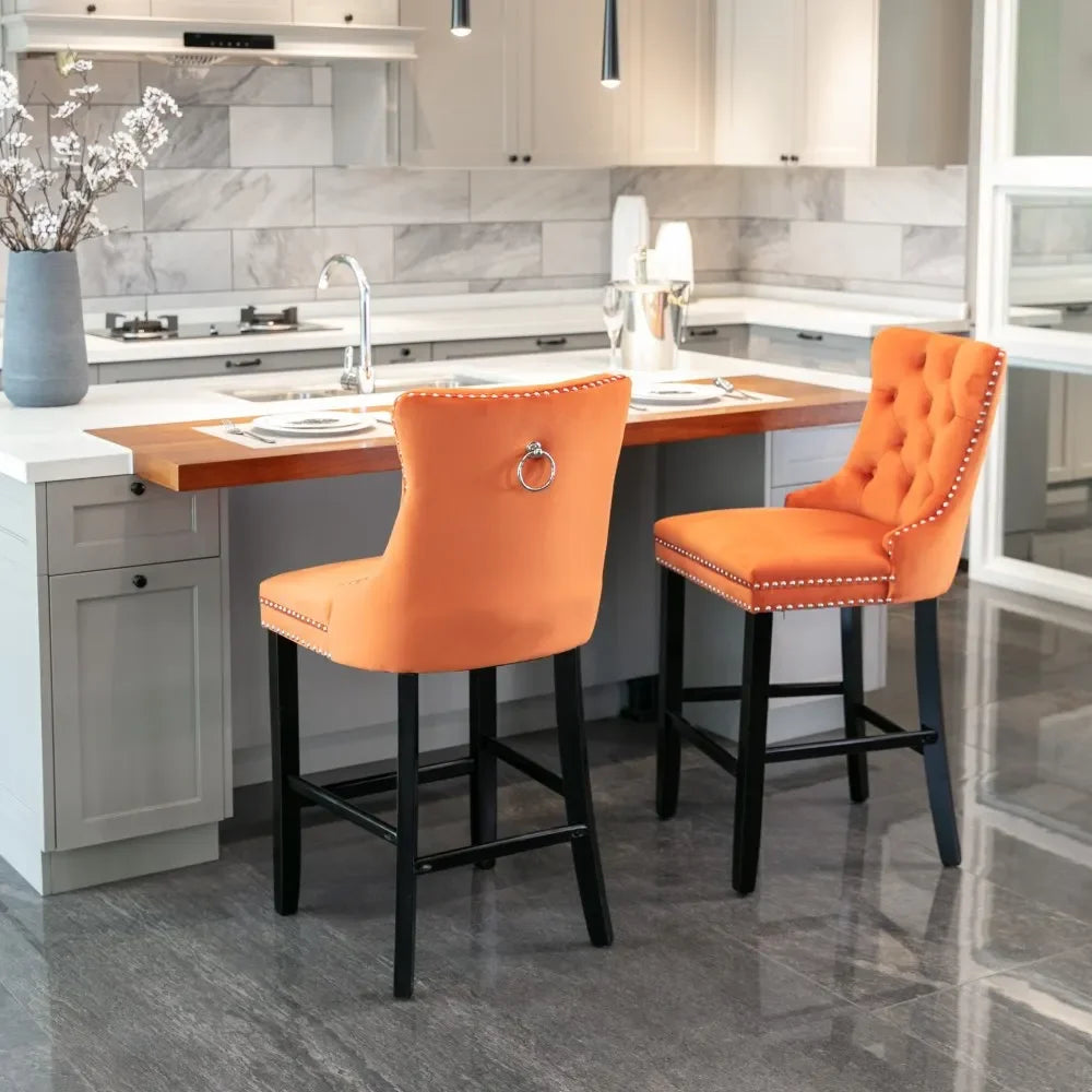 Moderne Samt Barhocker 2er Set mit Nietendekor – Elegante Tresenstühle aus Massivholz