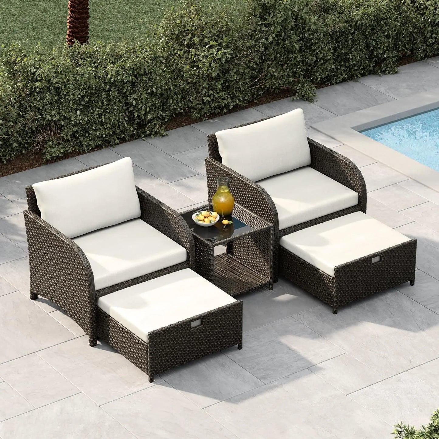 Gartenmoebel Set 5-Teilig Natur – Polyrattan Sitzgruppe mit Hocker, Kissen & Glastisch fuer Balkon, Terrasse & Garten