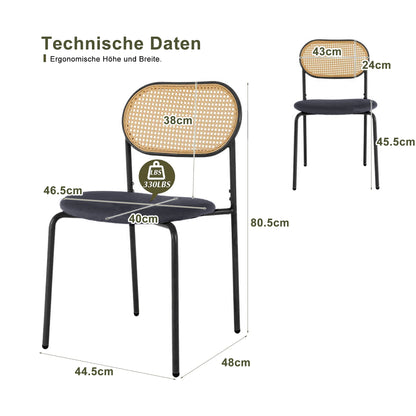 Esszimmerstuhl 2er Set Rattan – Modernes Polsterstuhl Set im Landhausstil mit Metallbeinen bis 150kg
