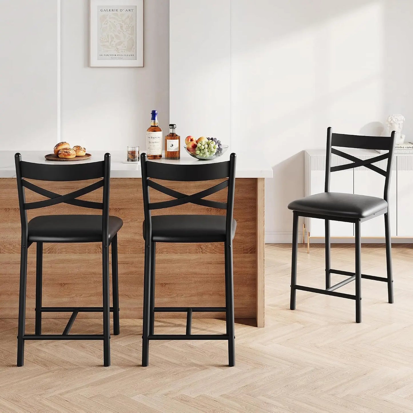 Kunstleder Barhocker 2er Set Schwarz – Moderne Tresenstühle 56cm mit Metallgestell