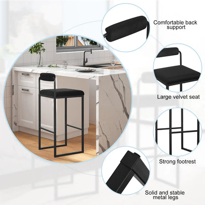Barhocker 2er Set Samt Dunkelgrau – Ergonomische Tresenstühle 75cm Sitzhöhe mit Metallgestell
