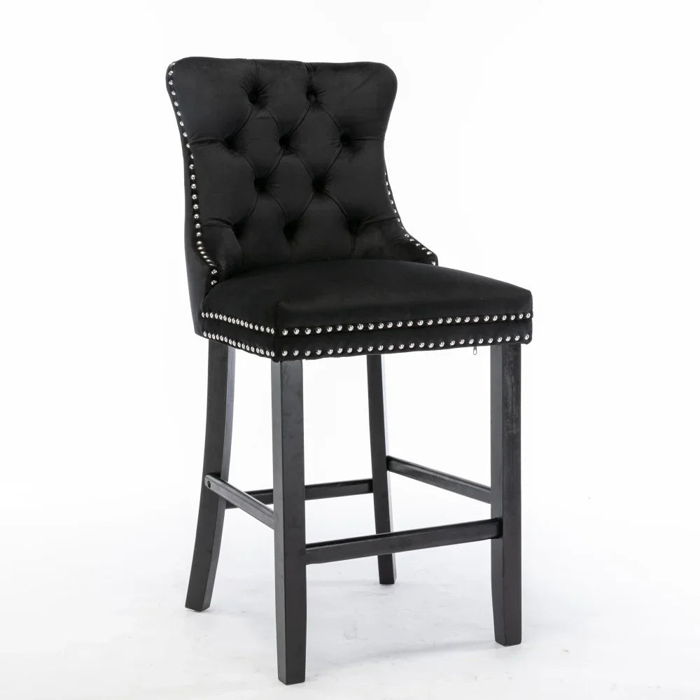 Moderne Samt Barhocker 2er Set mit Nietendekor – Elegante Tresenstühle aus Massivholz