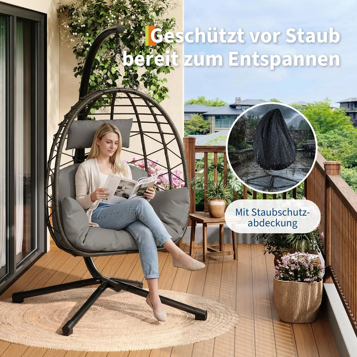 Haengesessel Outdoor Schwarz – Moderner Haengestuhl Ei-Form mit Gestell, Kissen & Schutzhuelle bis 130kg