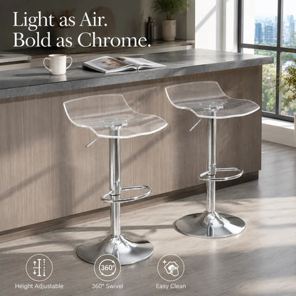 Moderne Barhocker 2er Set Acryl Höhenverstellbar – Transparenter Drehstuhl mit Chrom-Gestell