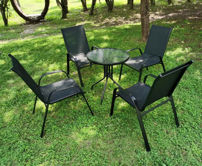 Gartenstuehle 4er Set Schwarz – Moderne Stapelstuehle aus Metall & Teslin fuer Balkon, Terrasse & Garten bis 150kg