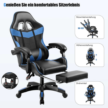 Gaming Stuhl Schwarz-Rot – Ergonomischer Gamer Stuhl mit Fussstütze, Lendenkissen & Kunstlederbezug bis 124cm