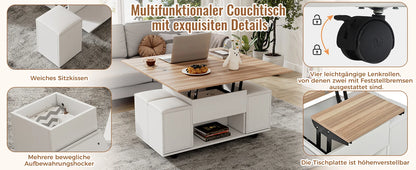 Couchtisch Höhenverstellbar & Ausziehbar – Multifunktionaler Esstisch mit 4 Hockern & Stauraum