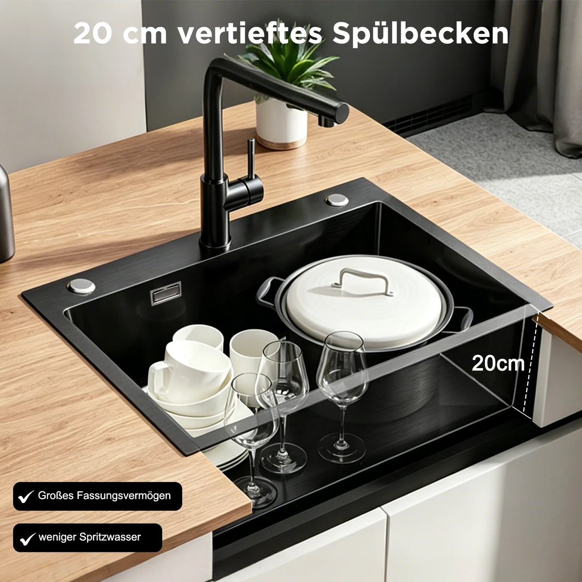 Edelstahl Spülbecken Schwarz 68x45cm mit 3 Lochbohrungen – Einbauspüle Einzelbecken Gebürstet