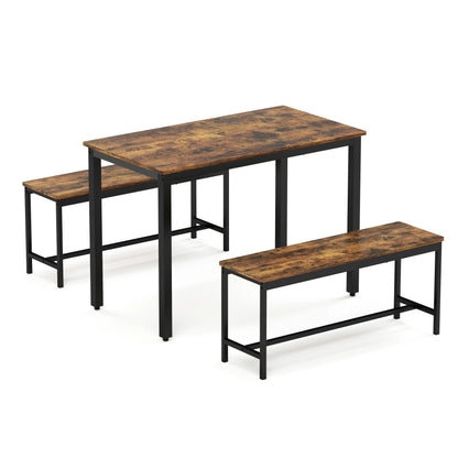 Esstisch mit 2 Bänken 3-teilig – Kompakte Sitzgruppe für 4 Personen aus Metall & Holz im Industriestil