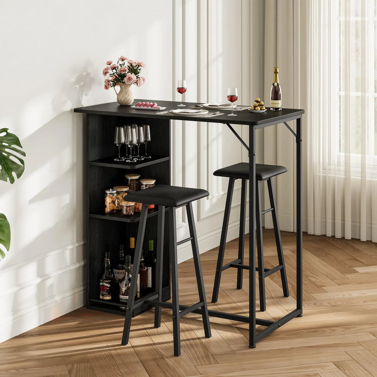 Bartisch Set 3-teilig mit Regal Schwarz – Kompakter Stehtisch mit 2 Barhockern für kleine Küche