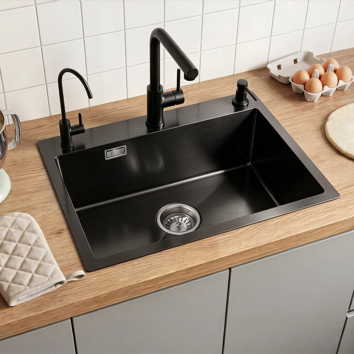 Edelstahl Spülbecken Schwarz 68x45cm mit 3 Lochbohrungen – Einbauspüle Einzelbecken Gebürstet