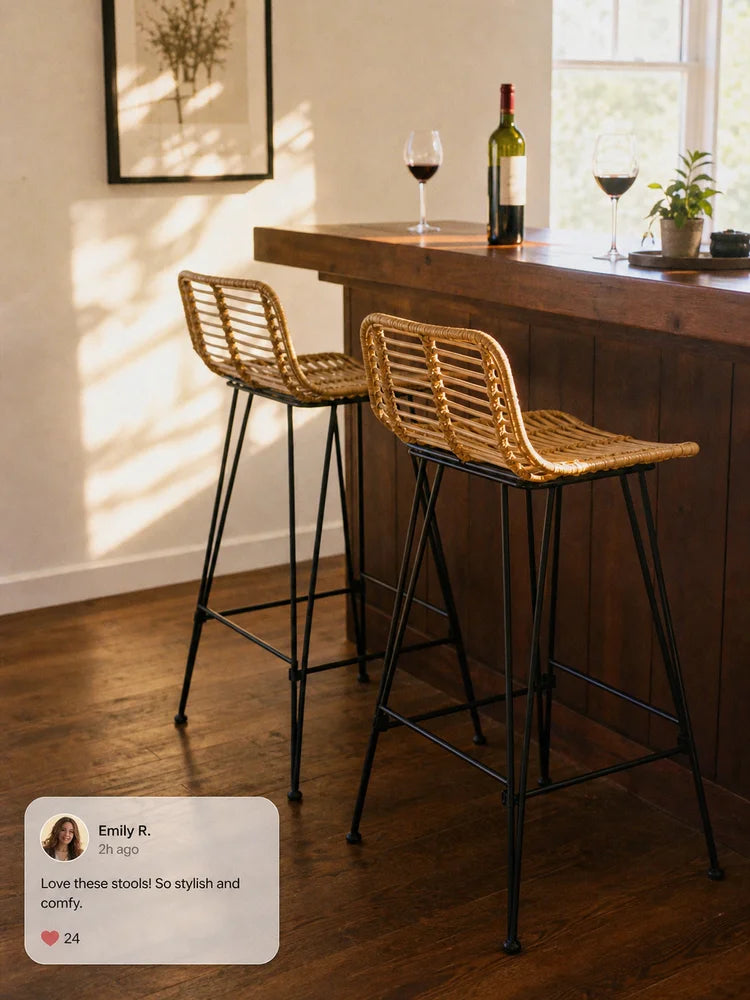 Design Barhocker 2er Set Wiener Geflecht – Moderne Rattan Tresenstühle mit Stahlgestell