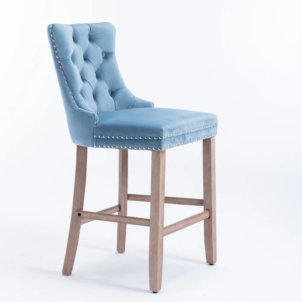 Moderne Samt Barhocker 2er Set mit Nietendekor – Elegante Tresenstühle aus Massivholz