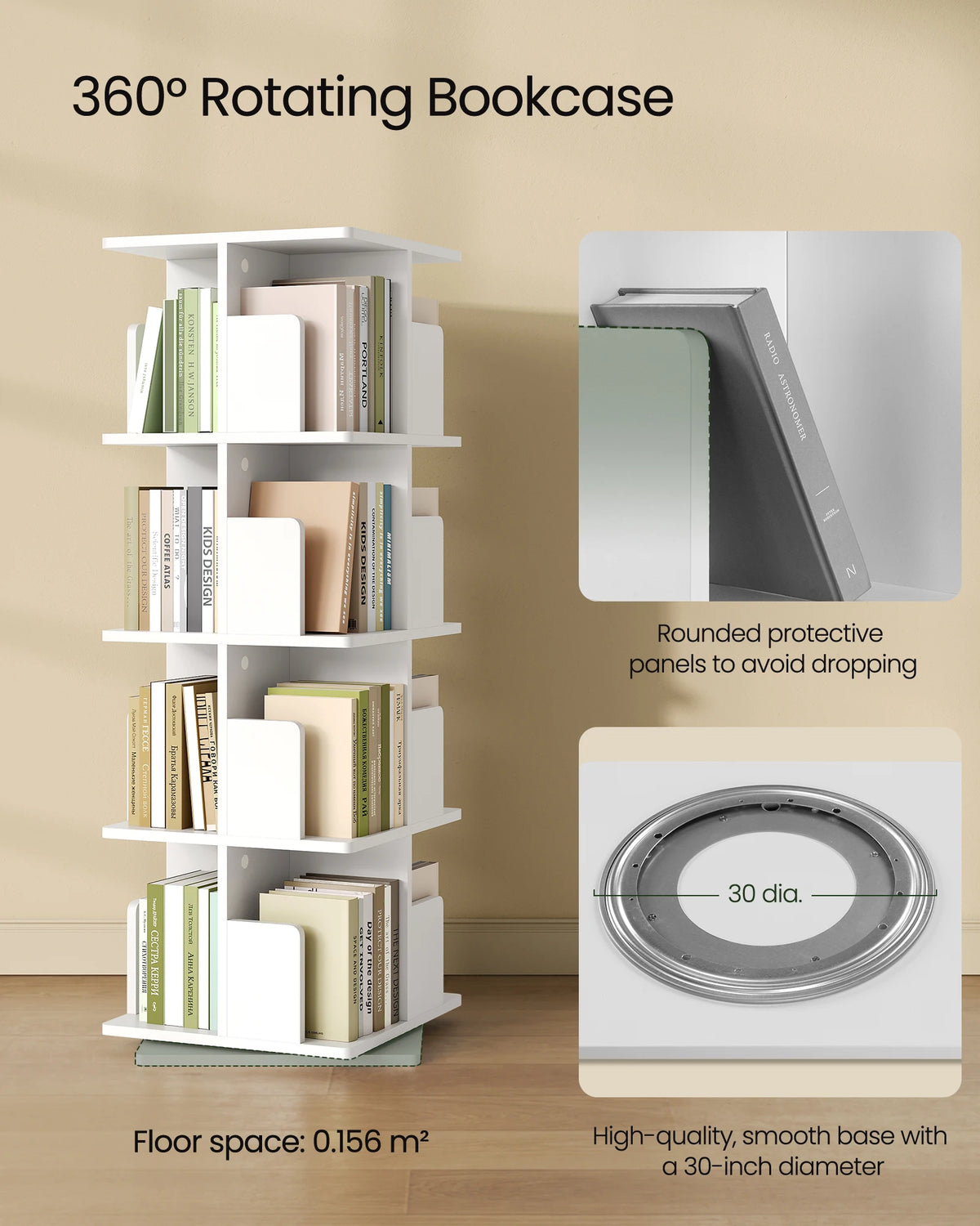 Drehbares Bücherregal Weiß 4 Etagen 128 cm – Standregal 360 Grad Drehbar Raumteiler