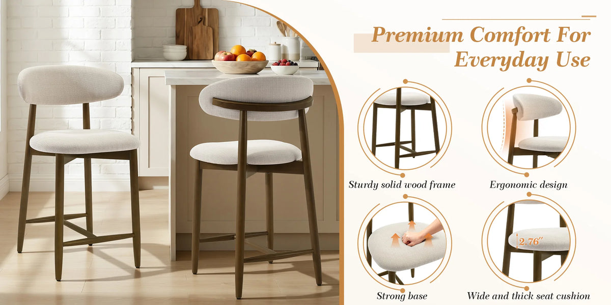 Barhocker 2er Set 64cm – Ergonomischer Polsterstuhl im Holzdesign fuer Kuecheninsel & Bar