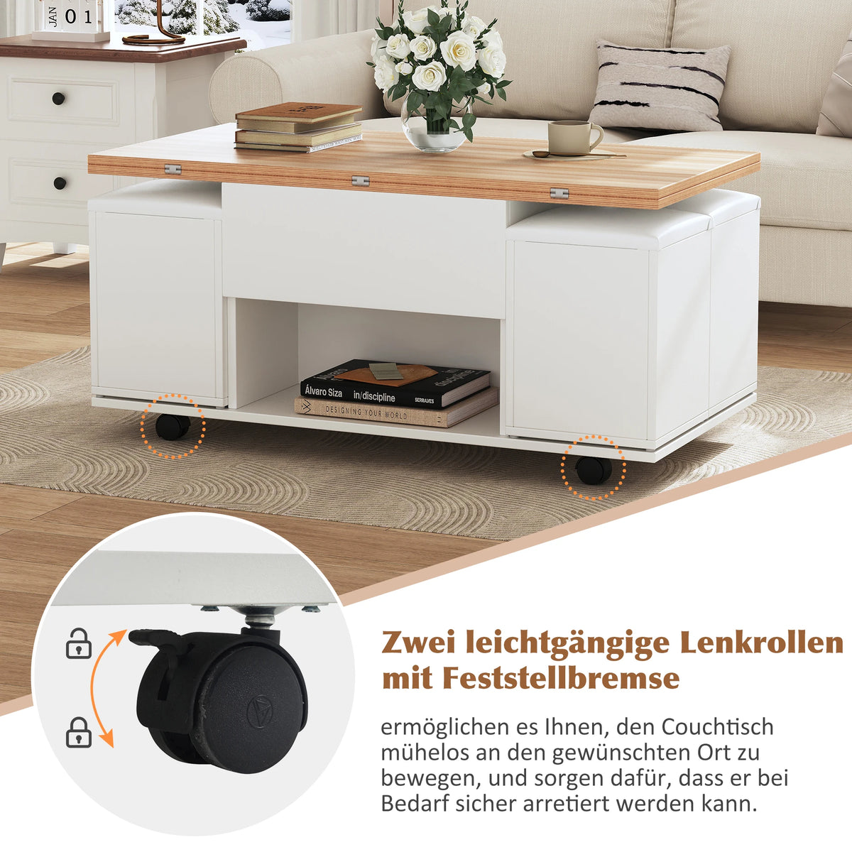 Couchtisch Höhenverstellbar & Ausziehbar – Multifunktionaler Esstisch mit 4 Hockern & Stauraum