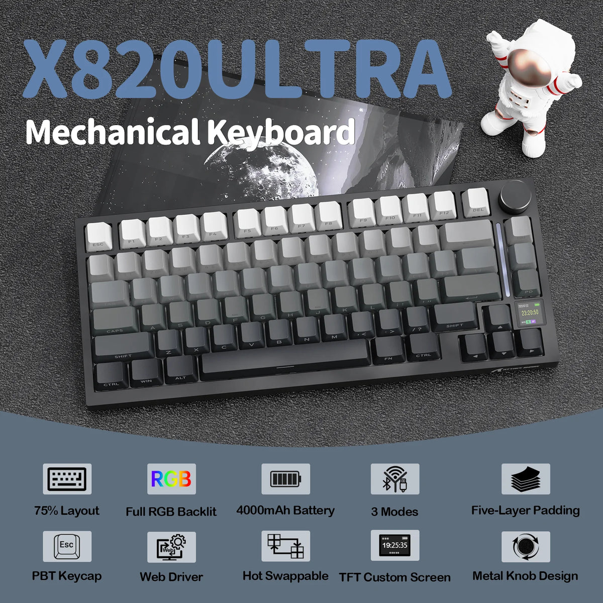 Gaming Tastatur Kabellos 75% – Attack Shark X820 Ultra Mechanical Keyboard mit TFT Display, RGB & Gasket Mount