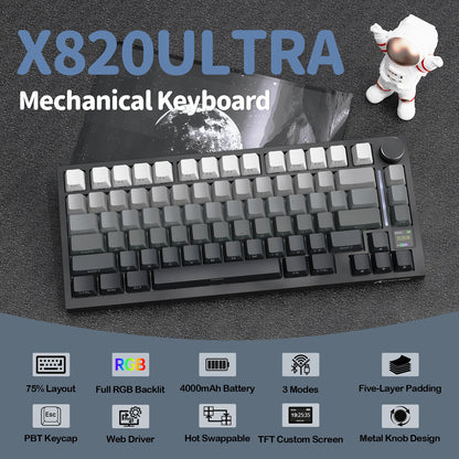 Gaming Tastatur Kabellos 75% – Attack Shark X820 Ultra Mechanical Keyboard mit TFT Display, RGB & Gasket Mount