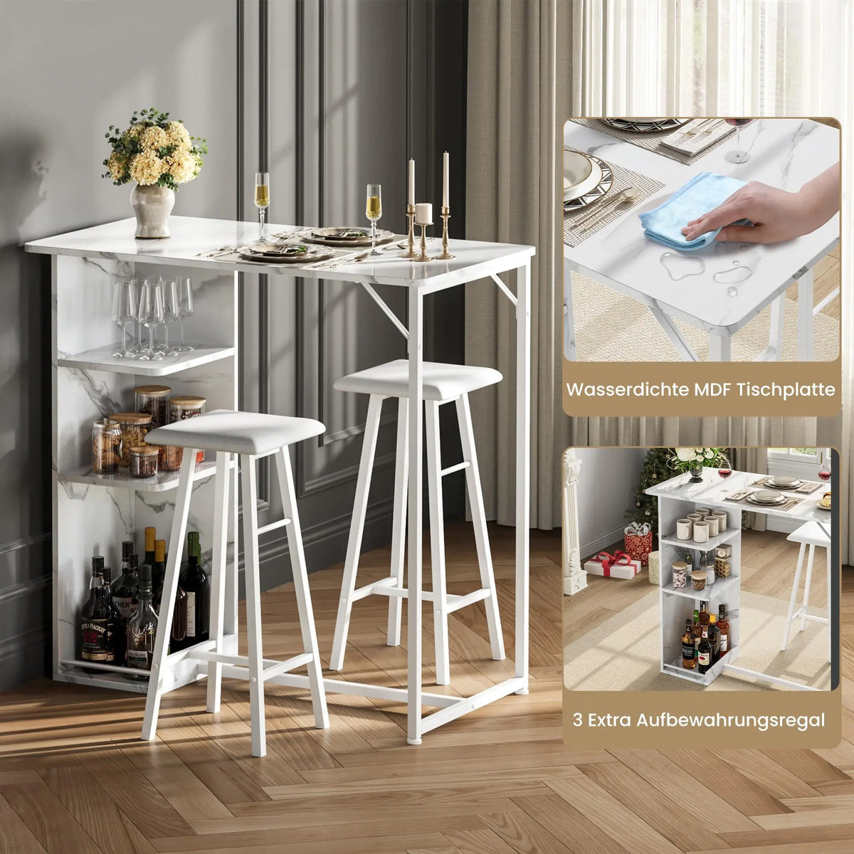 Bartisch Set mit 2 Stühlen 3-teilig – Kompakte Sitzgruppe aus Metall & Holz im Industrie-Design