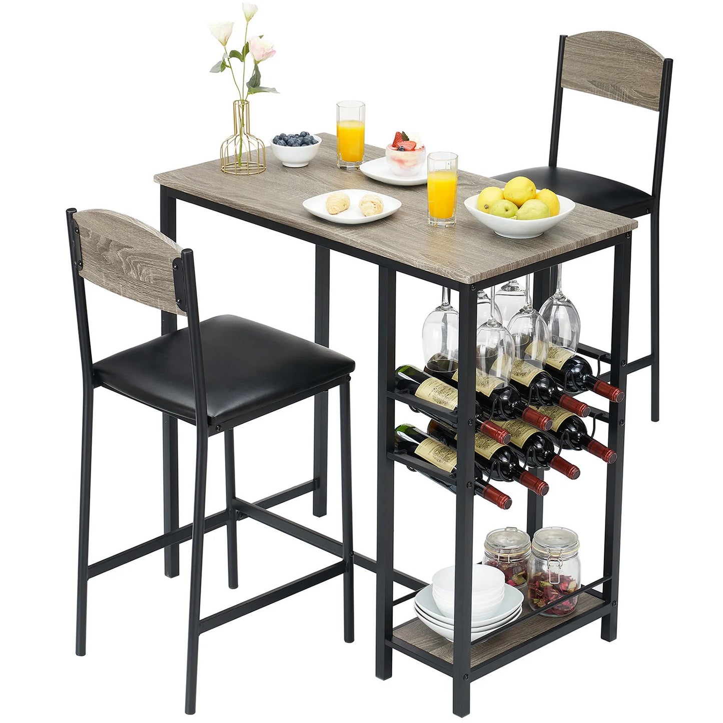 Bartisch Set mit Stühlen 3-teilig – Kompakte Esstisch Kombination mit Regalfächern