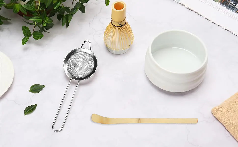 Matcha Set 5-teilig Keramik Grün – Traditionelles Matcha Tee Set mit Bambusbesen & Sieb