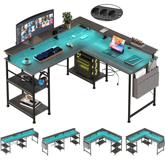 L-förmiger Gaming Schreibtisch LED Schwarz 140 cm – Eckschreibtisch mit Steckdosen & Monitoraufsatz