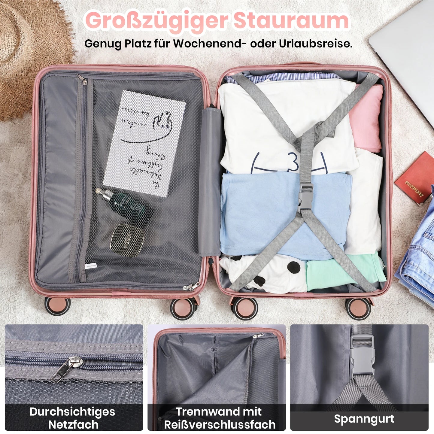 Koffer Set 3-teilig Hartschale Schwarz – Leichtes Reisekoffer Trolley Set mit TSA Schloss & 360 Rollen