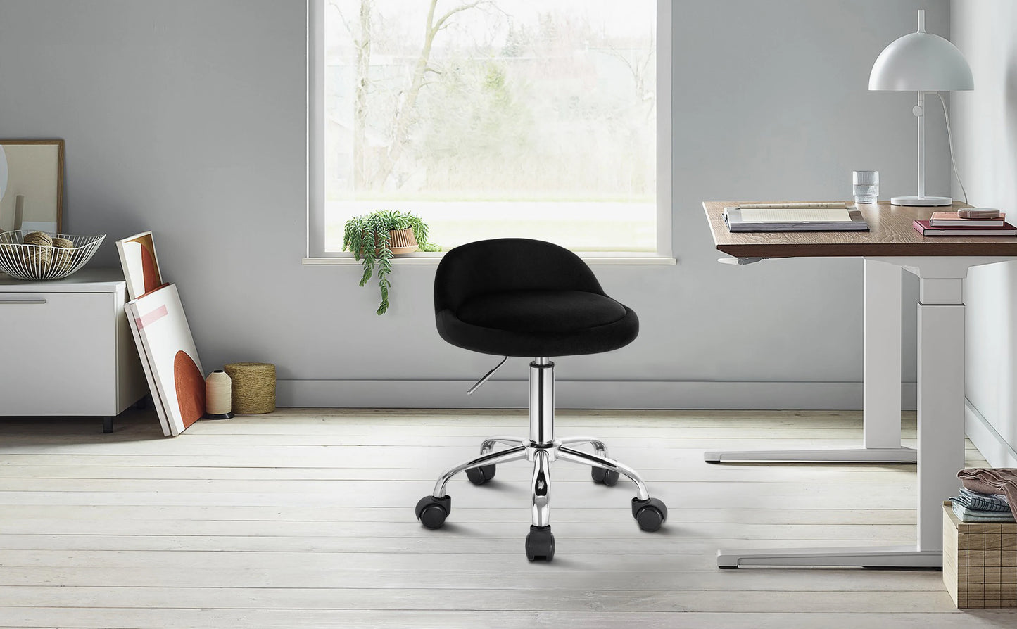 Höhenverstellbarer Rollhocker Samt Dunkelgrau – Ergonomischer Arbeitshocker mit Rückenlehne