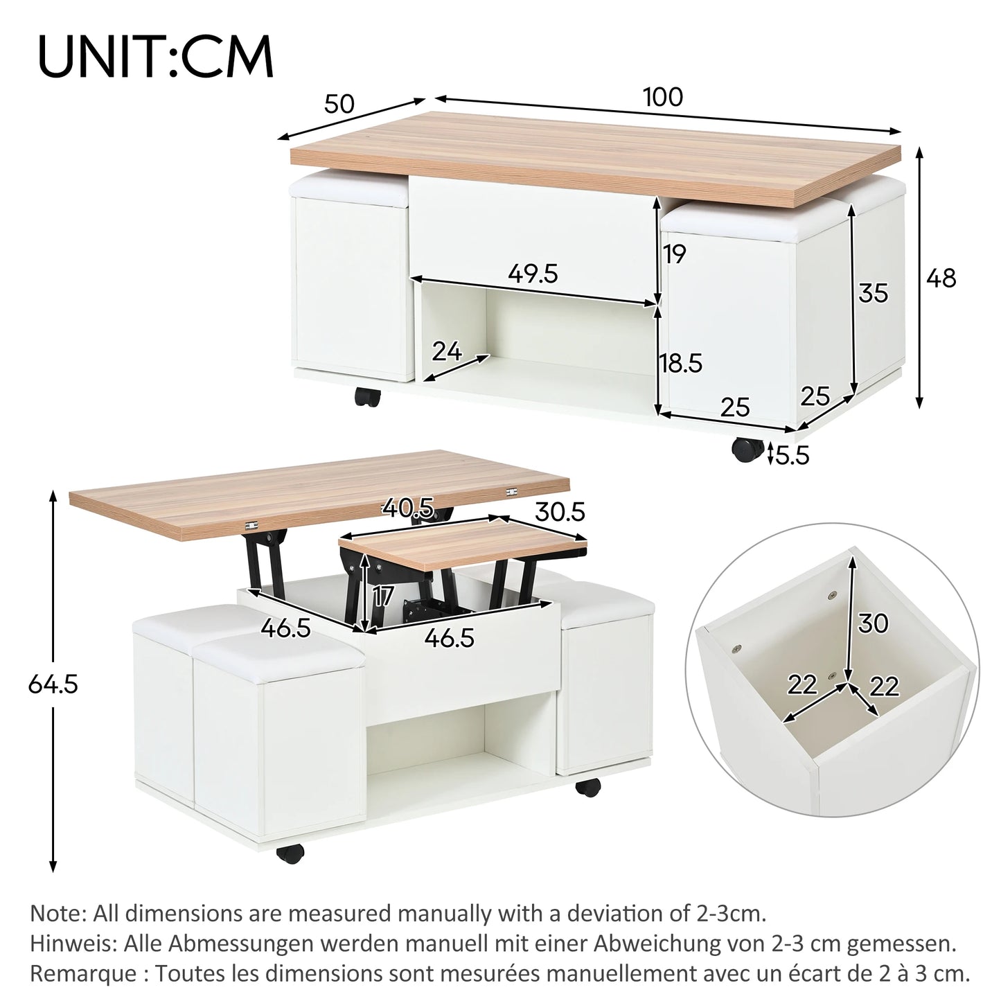 Couchtisch Höhenverstellbar & Ausziehbar – Multifunktionaler Esstisch mit 4 Hockern & Stauraum