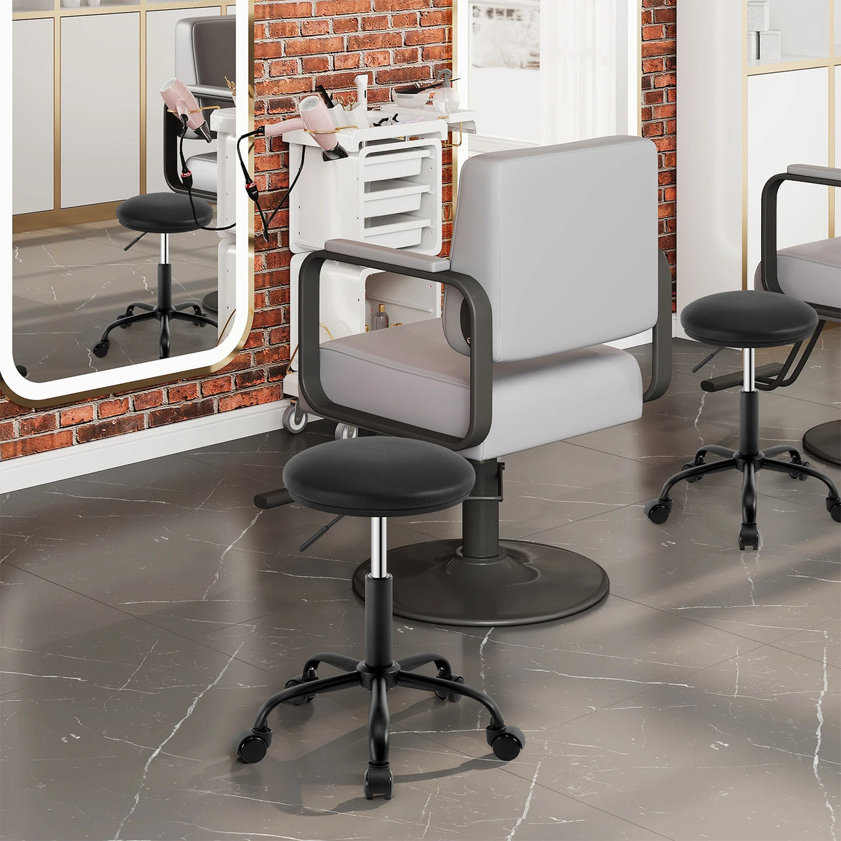 Arbeitshocker mit Rollen Schwarz – Hoehenverstellbarer Drehhocker aus Kunstleder fuer Homeoffice, Kosmetik & Praxis bis 120kg
