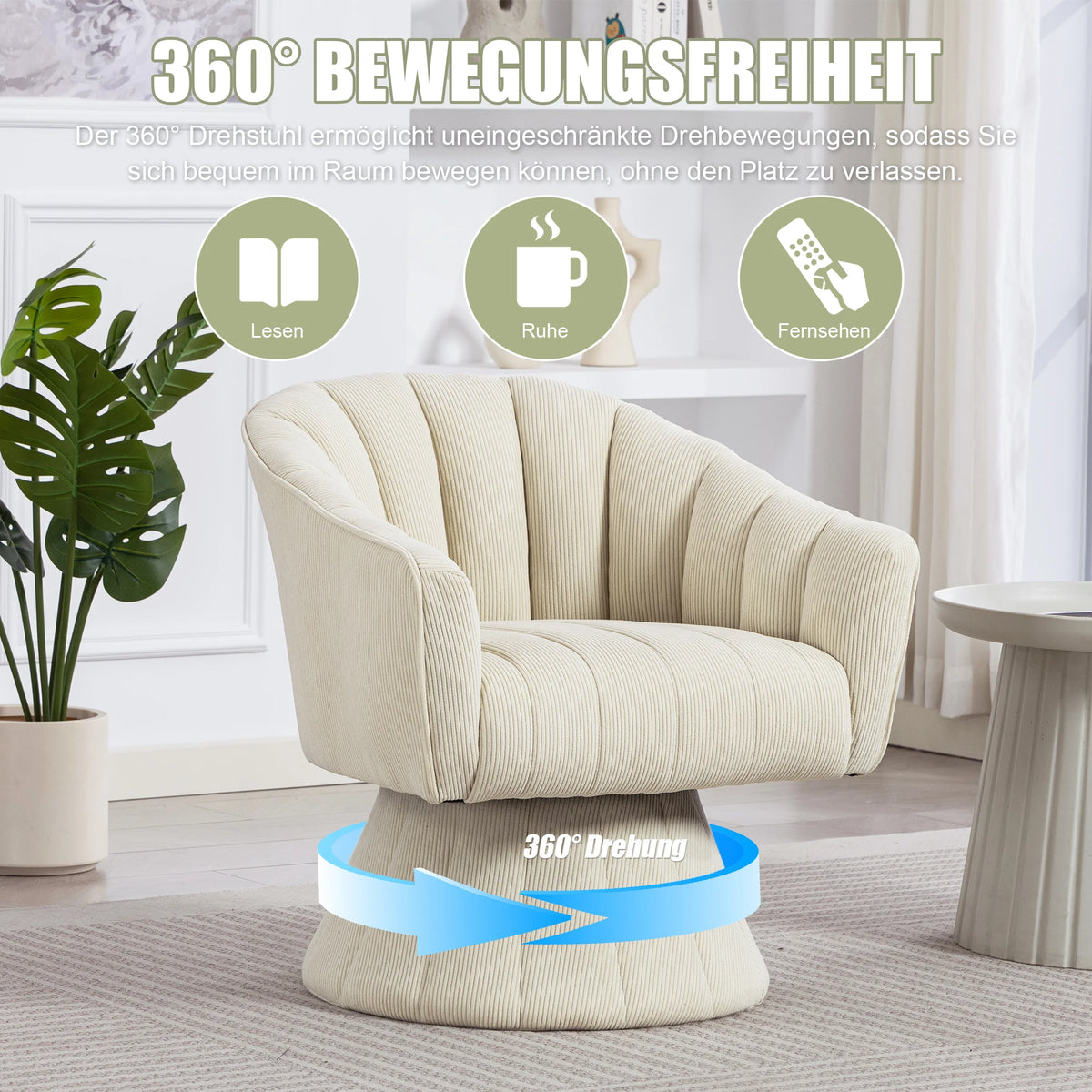 Drehsessel Beige – Modernes 360 Grad Cord Polstersessel Set mit Holzgestell bis 150kg