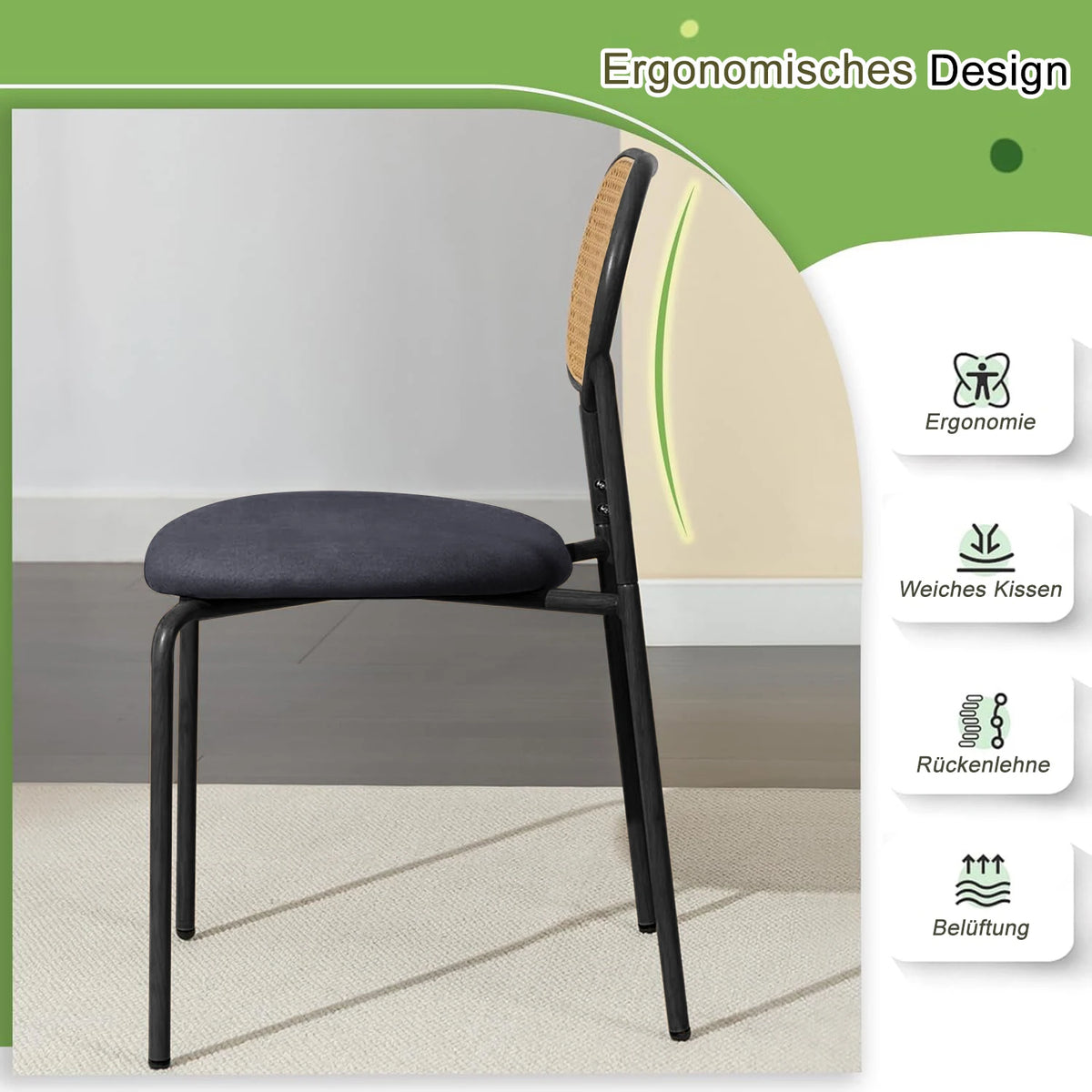 Esszimmerstuhl 2er Set Rattan – Modernes Polsterstuhl Set im Landhausstil mit Metallbeinen bis 150kg