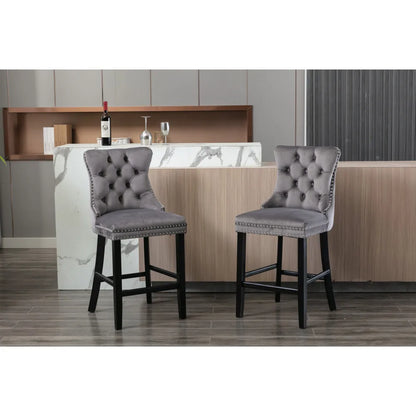 Moderne Samt Barhocker 2er Set mit Nietendekor – Elegante Tresenstühle aus Massivholz