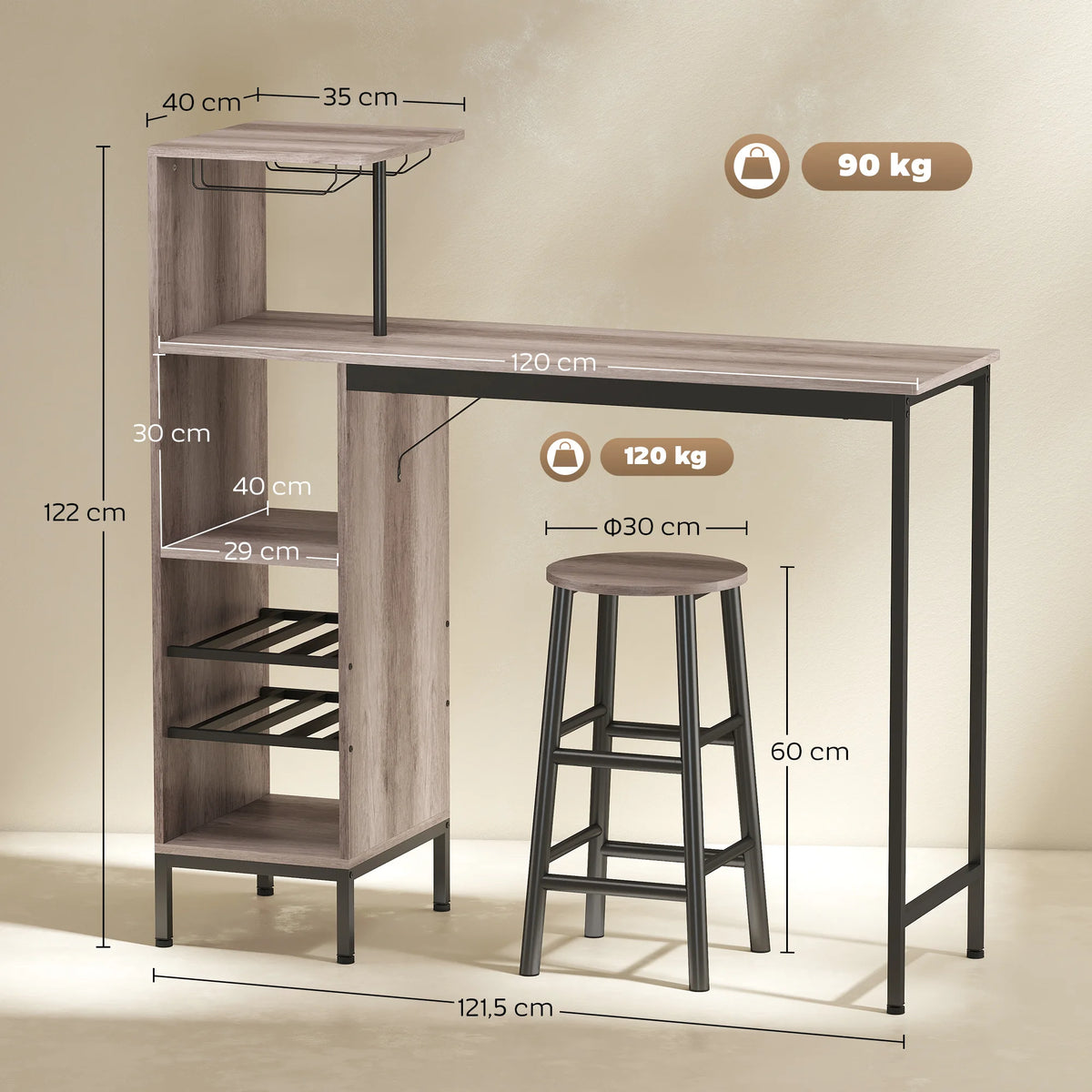 Bartisch Set 3-teilig mit Weinregal Graue Holzoptik – Stehtisch mit 2 Barhockern für kleine Räume