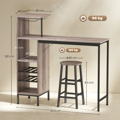 Bartisch Set 3-teilig mit Weinregal Graue Holzoptik – Stehtisch mit 2 Barhockern für kleine Räume