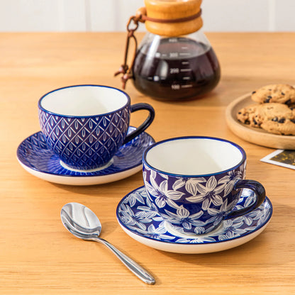 Keramik Tassen Set 4-teilig Blau – Elegante Cappuccinotassen mit Untertassen