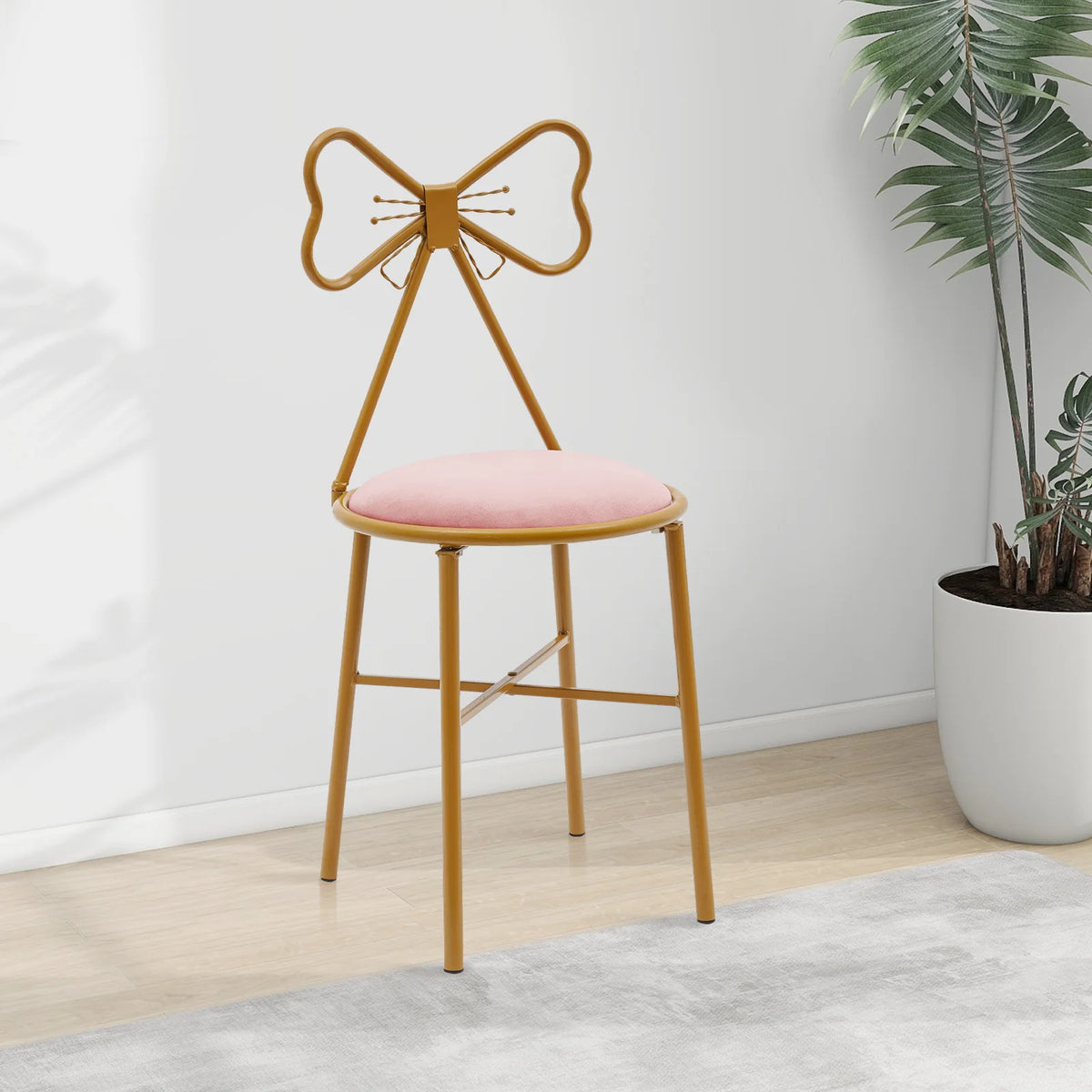 Schminktisch Stuhl Rosa mit Schmetterling Rückenlehne – Moderner Samt Kosmetikstuhl Gold