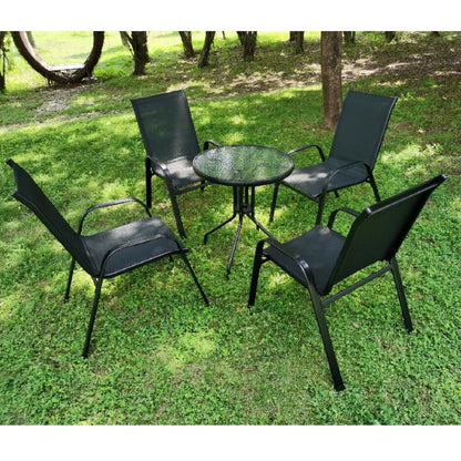 Gartenstuehle 4er Set Schwarz – Moderne Stapelstuehle aus Metall & Teslin fuer Balkon, Terrasse & Garten bis 150kg