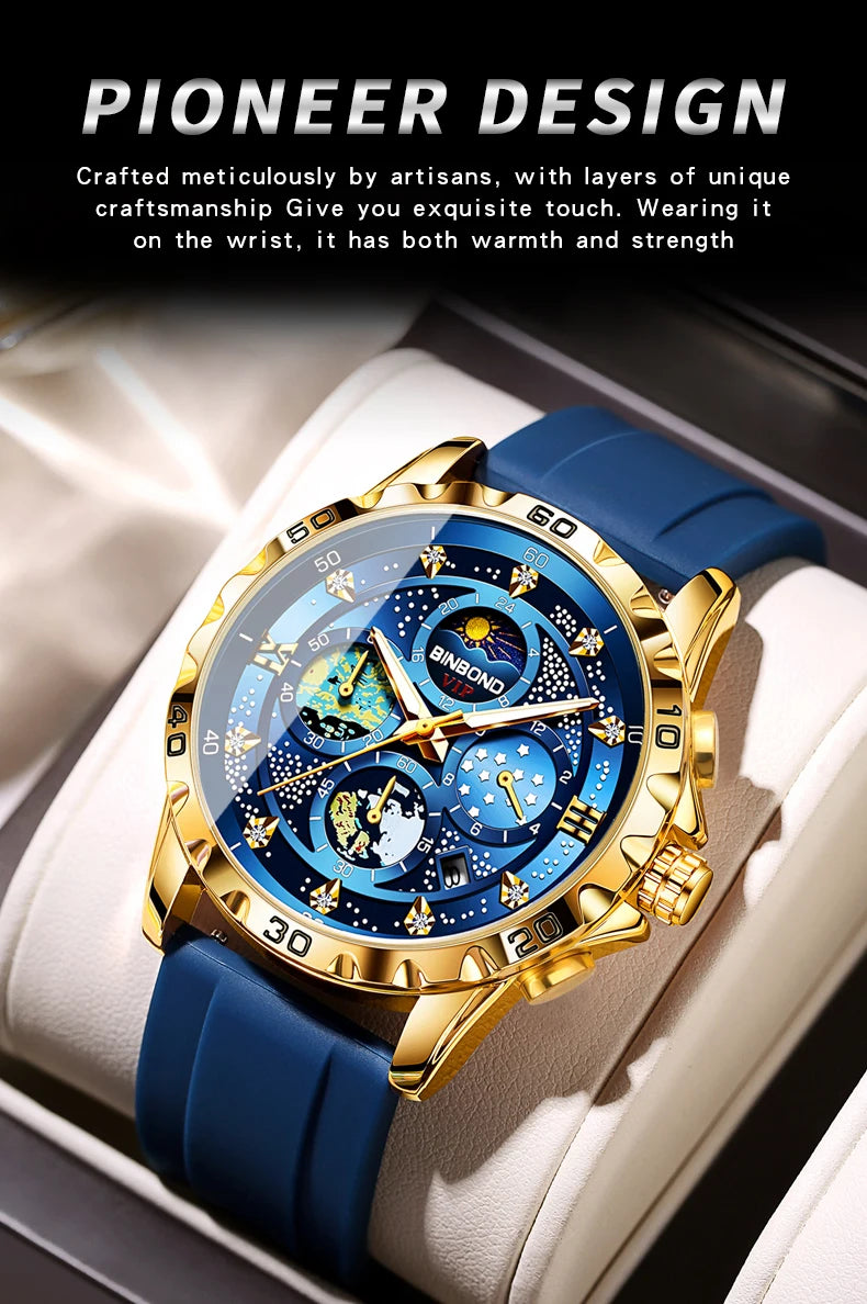 BINBOND Luxus Herrenuhr Blau – Wasserdichte Quarz Armbanduhr mit Chronograph & Datum