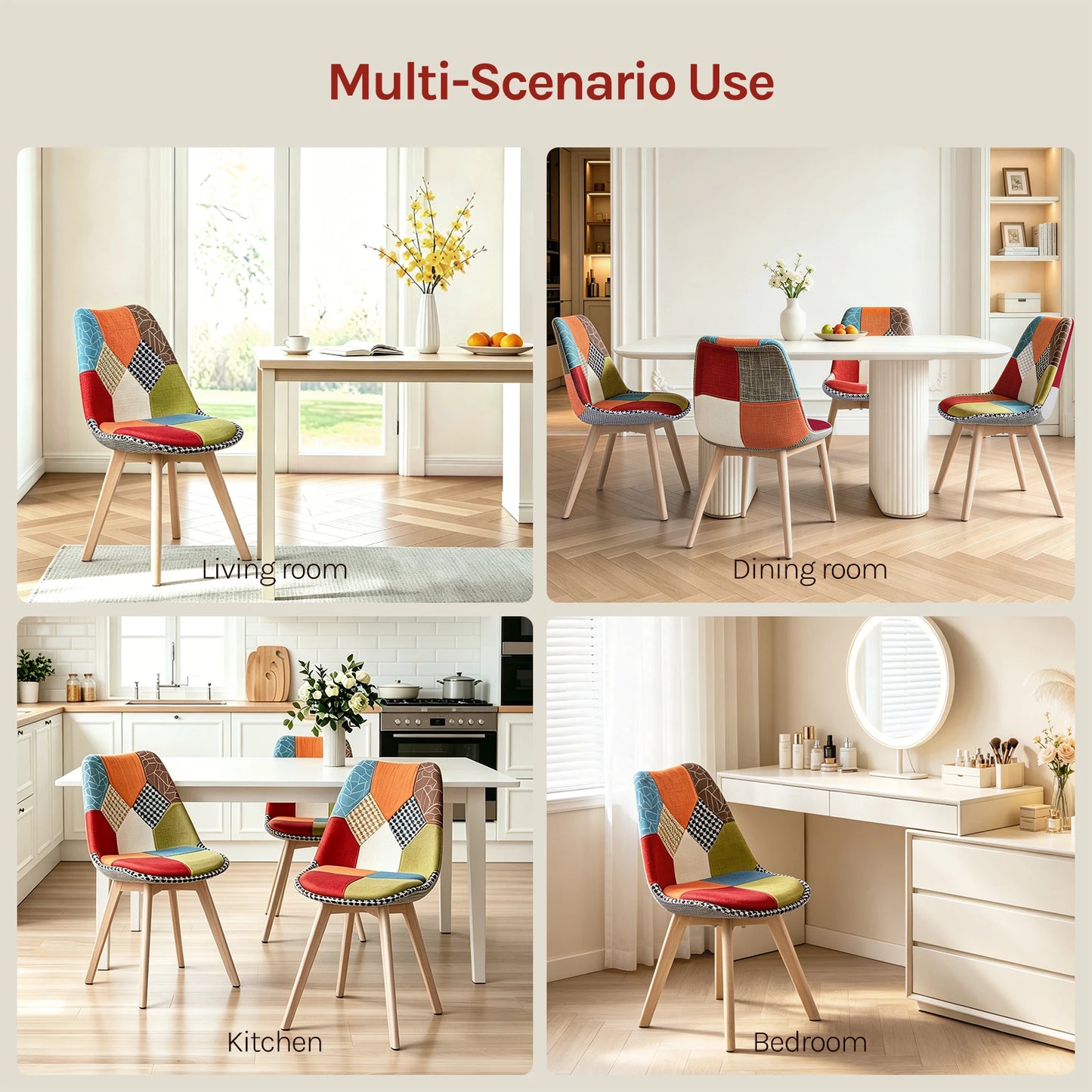 Esszimmerstuhl 4er Set Patchwork – Modernes Skandi Polsterstuhl Set mit Massivholzbeinen bis 150kg