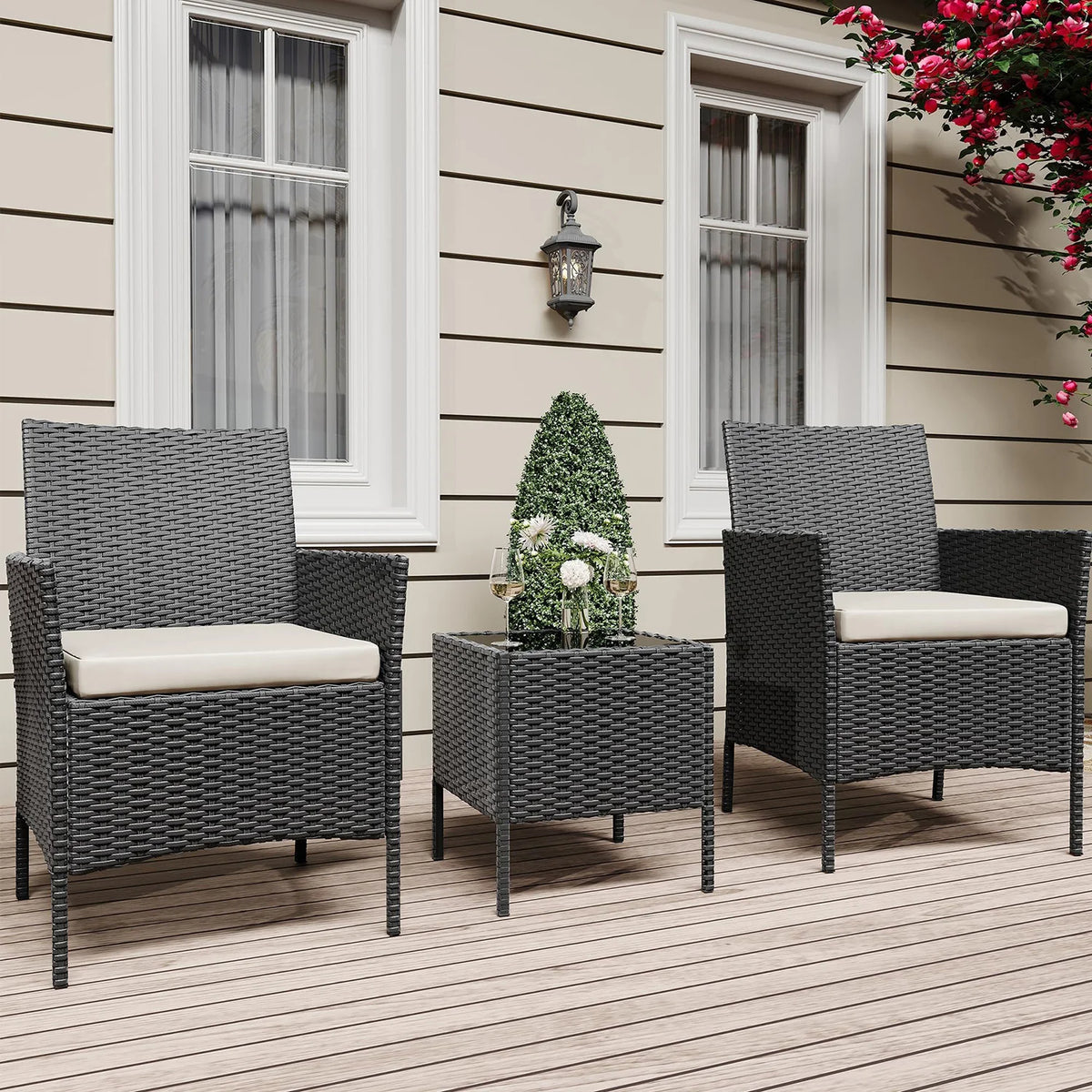 Balkonset 3-Teilig Schwarz – Wetterfeste Polyrattan Sitzgruppe mit Kissen & Glastisch fuer Balkon, Terrasse & Garten